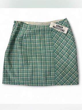 Urban Outfitters Green and Cream Plaid Asymmetrical Mini Skirt